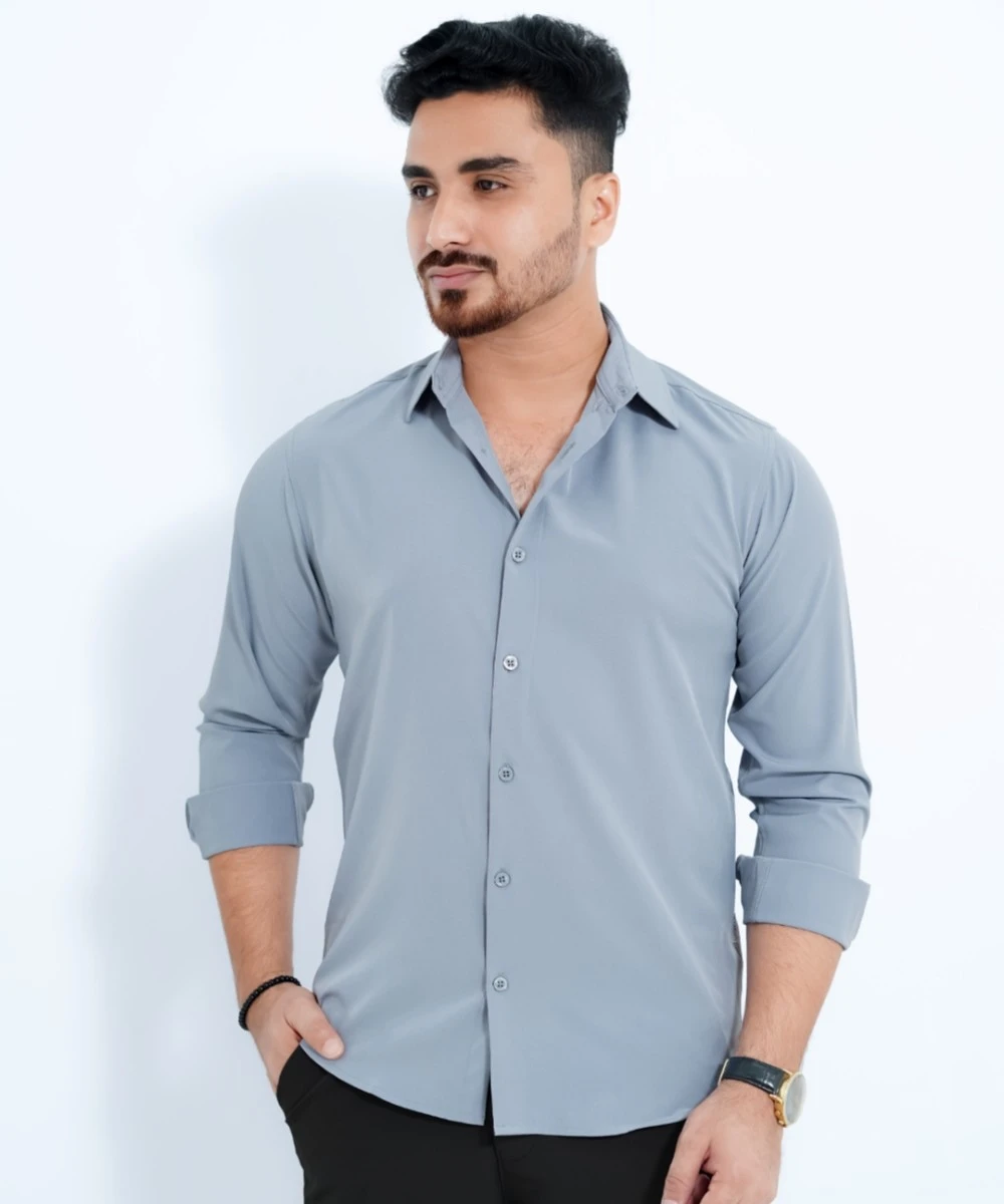 Gray Standard China Micro Stretchable Solid Shirt For Men's