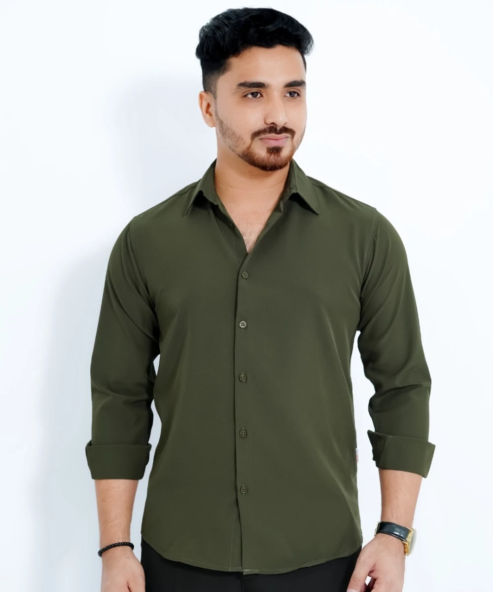 Standard Olive China Micro Stretchable Solid Shirt For Men's
