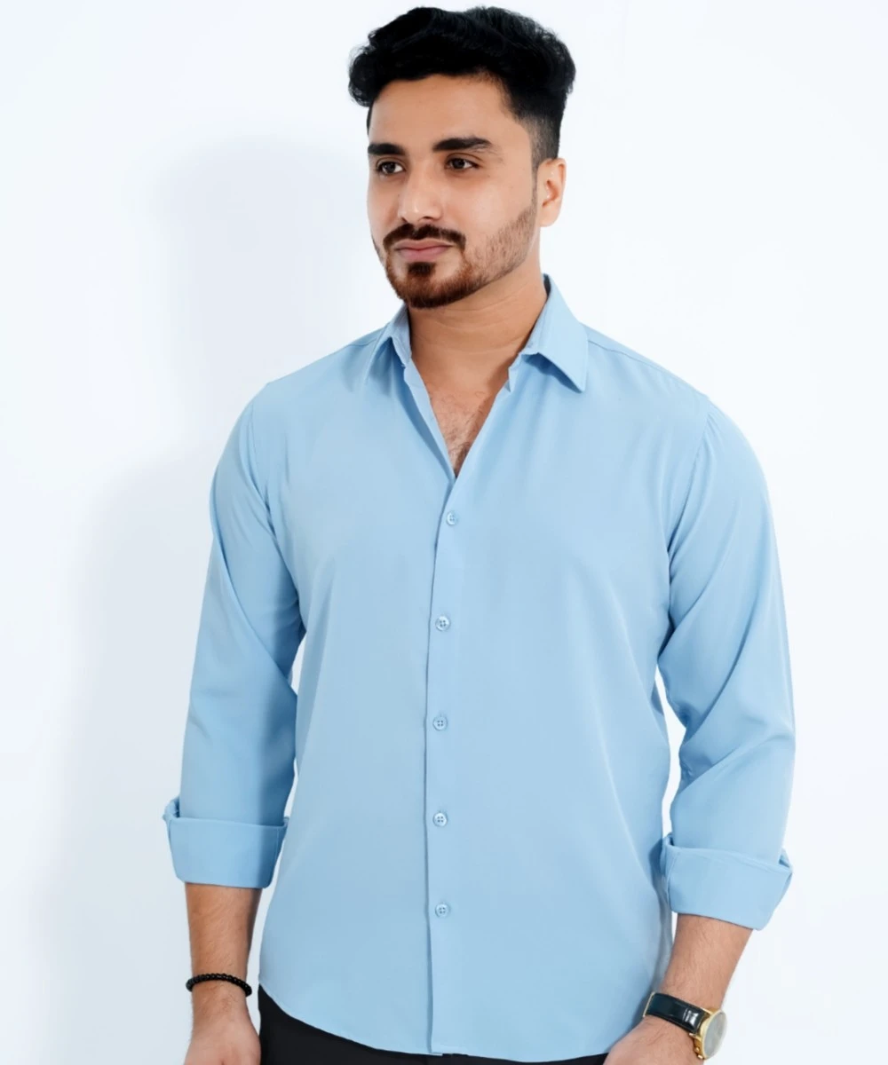 Standard Skyblue  China Micro Stretchable Solid Shirt For Men's