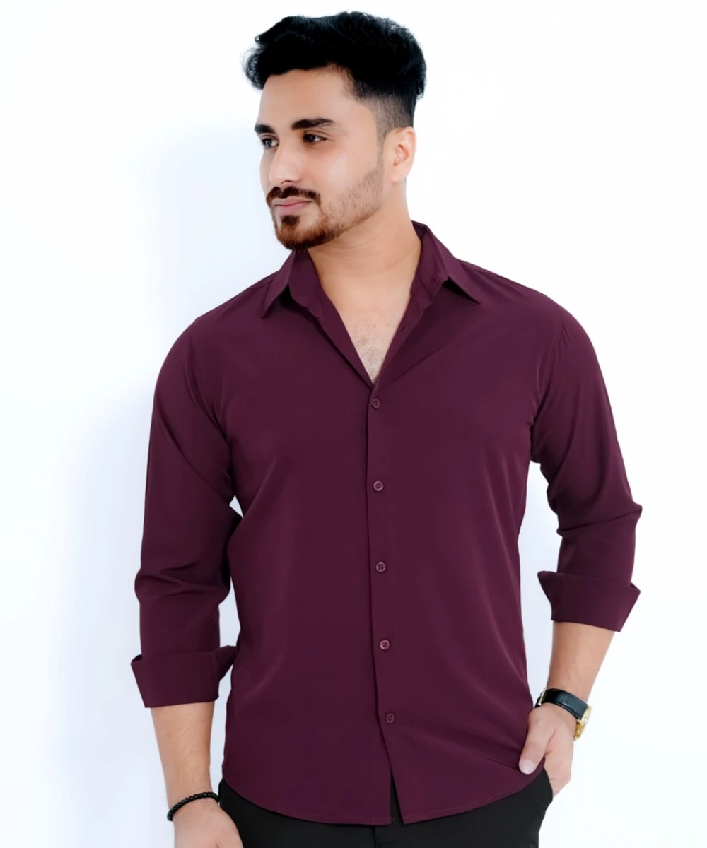 Purple Standard China Micro Stretchable Solid Shirt For Men's