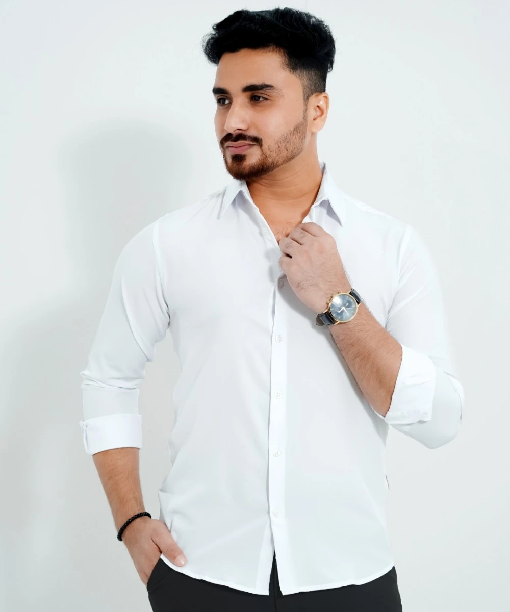 White Standard China Micro Stretchable Solid Shirt For Men's