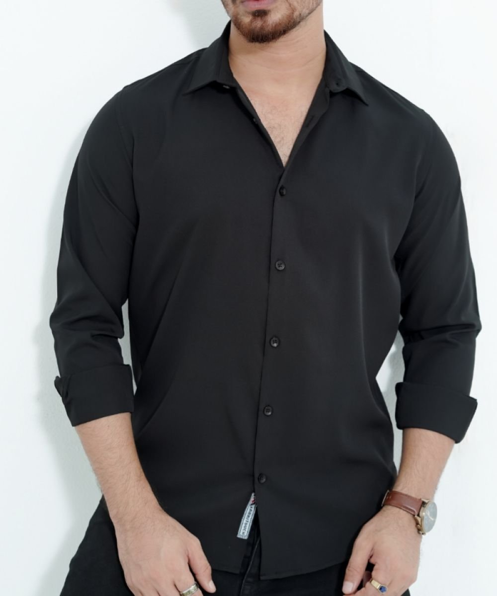 Black China Micro Stretchable Solid Shirt For Men's