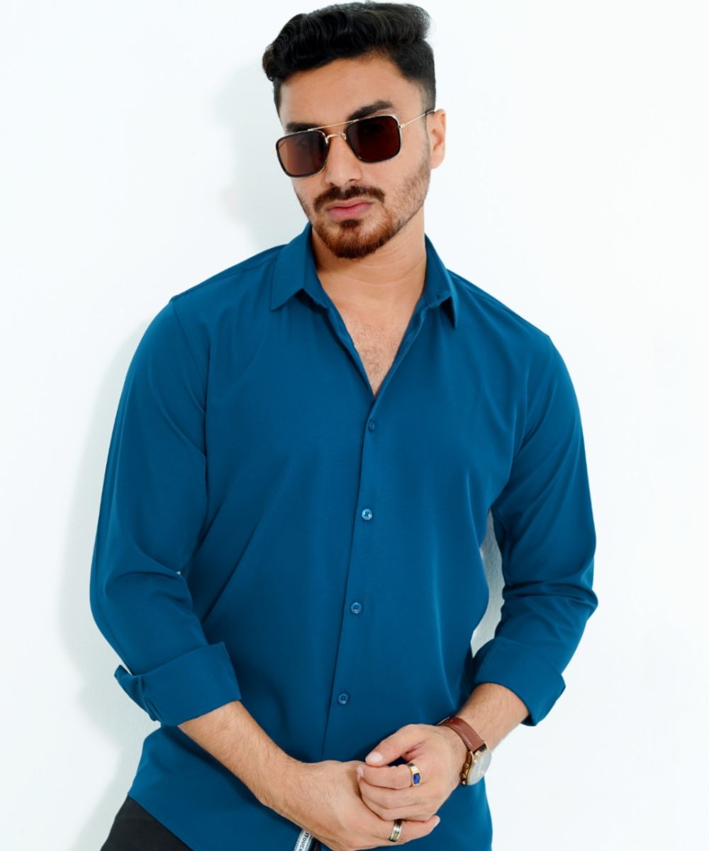 Petrol China Micro Stretchable Solid Shirt For Men's