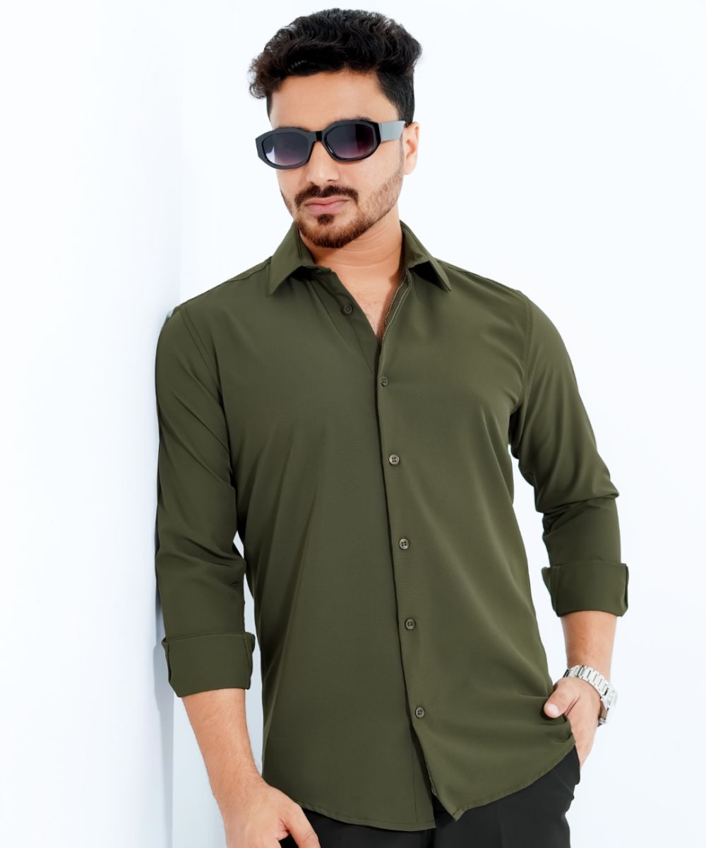 Dark Olive China Micro Stretchable Solid Shirt For Men's