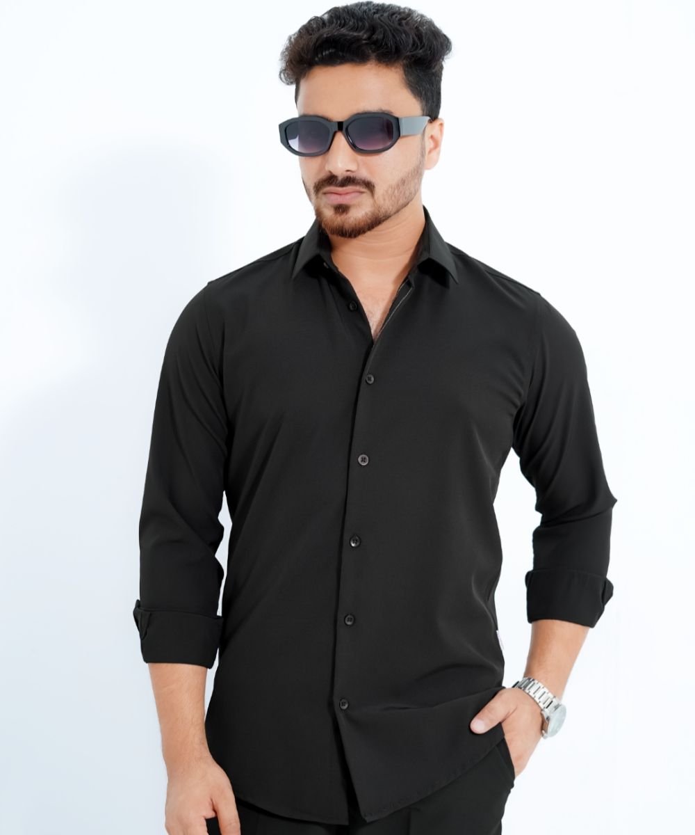 Black China Micro Stretchable Solid Shirt For Men's
